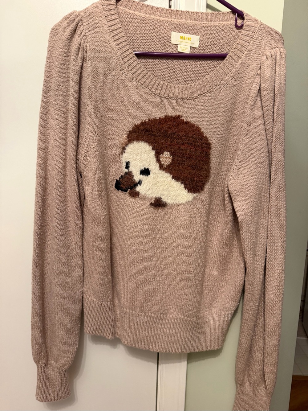 Maeve tan Puff-Sleeve Sweater with Hedgehog Motif